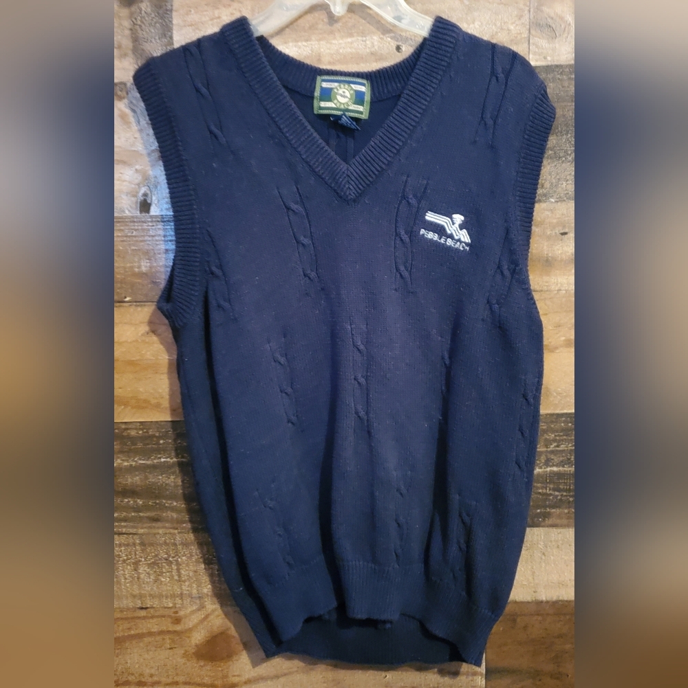 VTG Pebble Beach Navy Cable Knit SweaterVest Preppy V-Neck Golf Grandpacore Sz M
